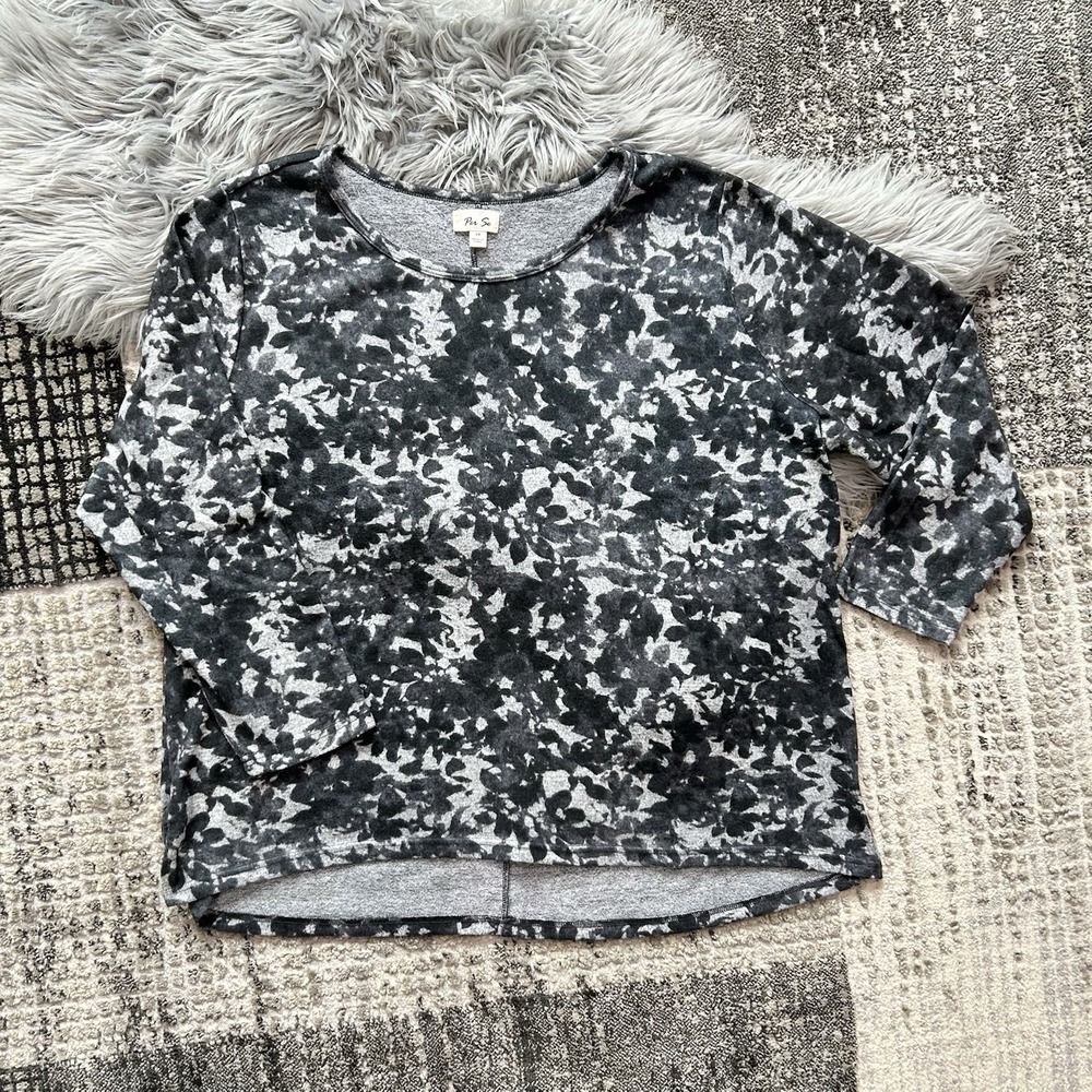 Per Se Women's Black Gray Speckled Print Long Sleeve Plus Sized Top Size 3X